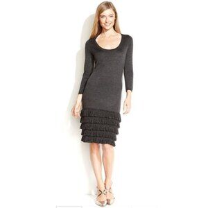 Calvin Klein Tiered Fringed Sweater Knit Sheath Dress Flapper Gray Sz M